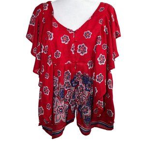 Vintage America Blues Womens Top Size XL Red Blue Floral Scoop Neck Boho Peasant